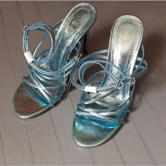 NWT Zara Metallic Blue Strappy Sandals - Picture 8 of 16